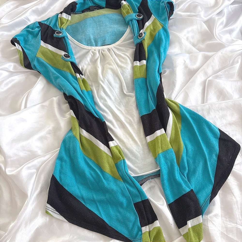 HeartSoul Striped Layered Look Short Sleeve Top Blue Green White Size M